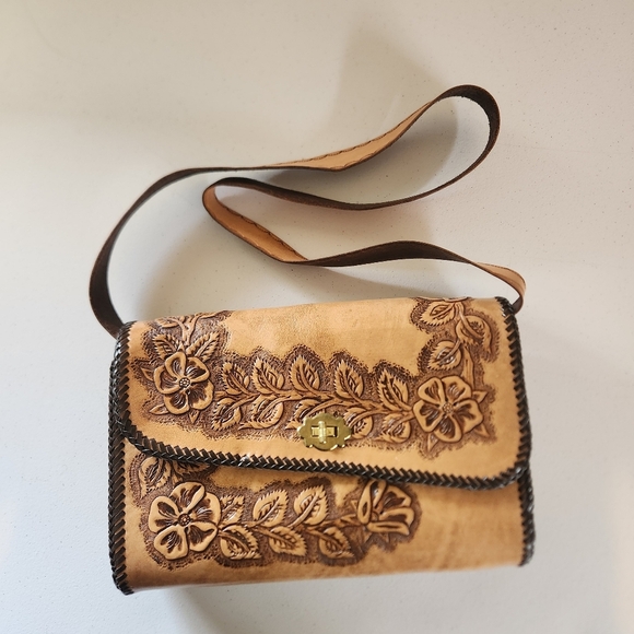 Vintage Handbags - Vintage 1970s Ostrich Tooled Floral Leather Shoulder Bag Purse Boho Festival 70s